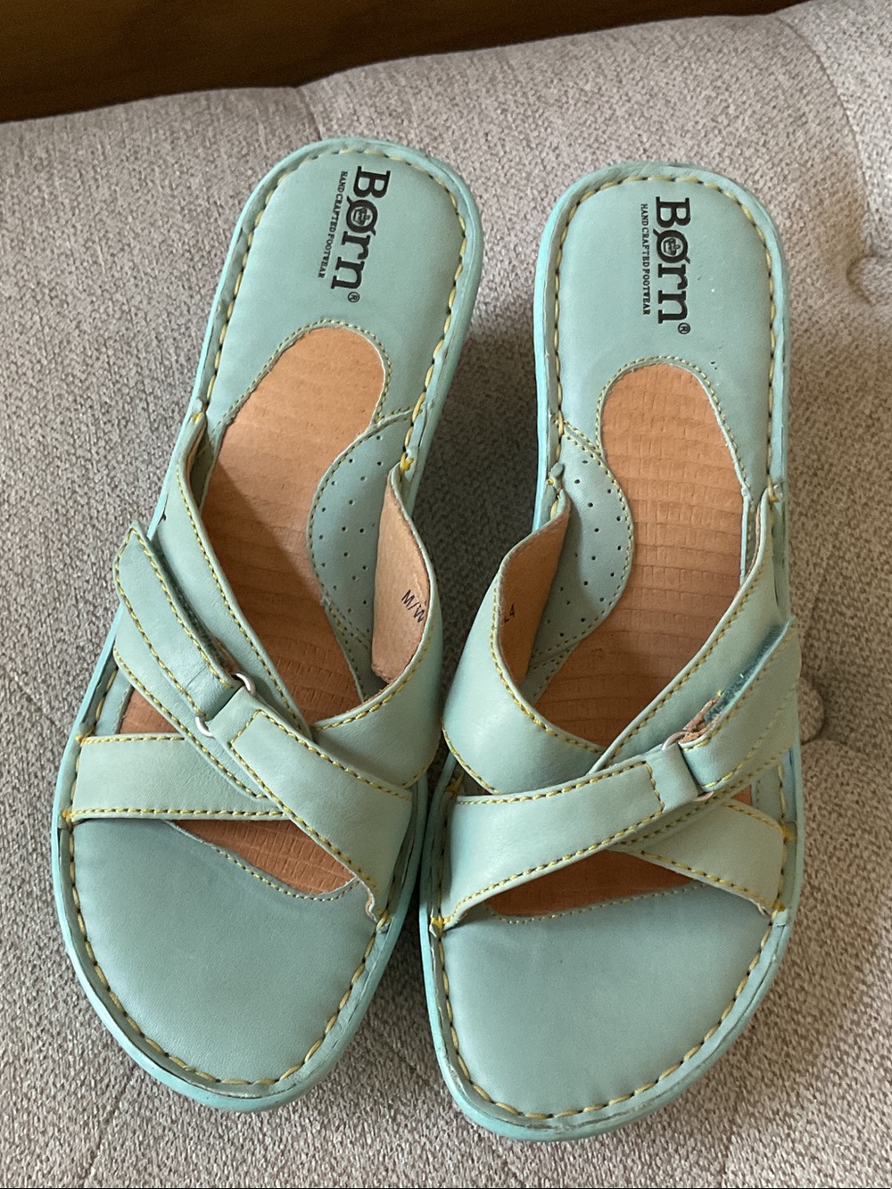 Born Teal Aqua Green Leather Wedges Slide Mule Sandals 8